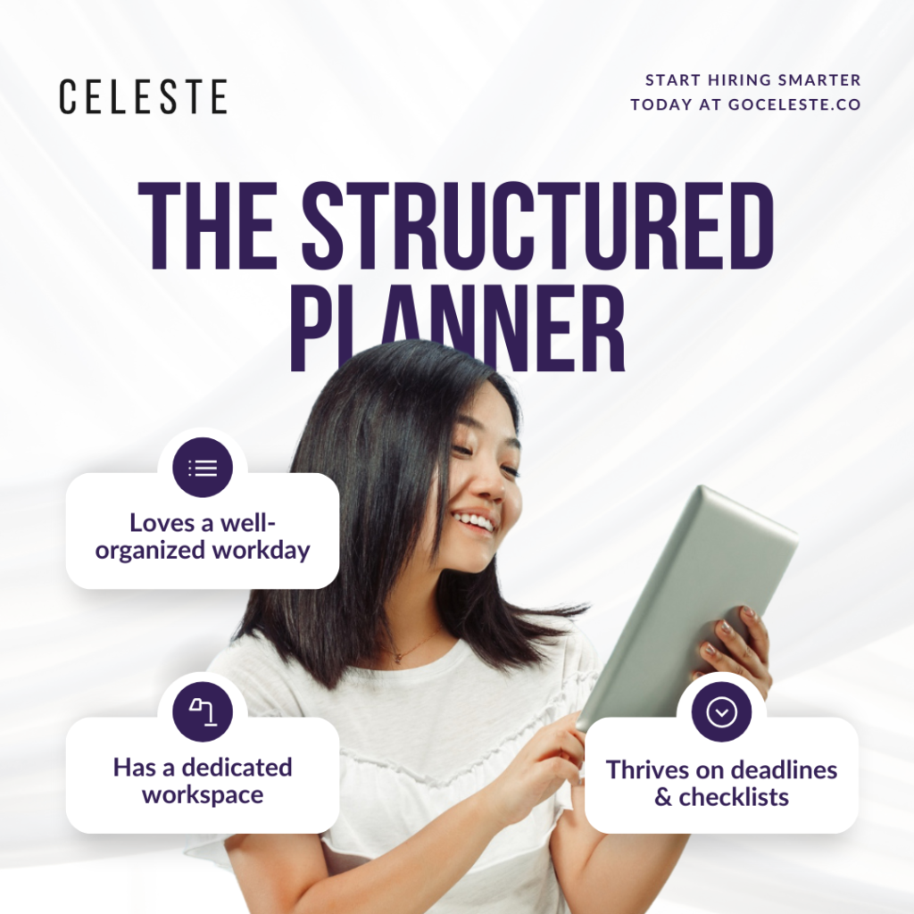 Three Celeste-branded social media graphics featuring a structured planner guide, a hiring post for a remote recruiter role, and a discussion on common remote work challenges, each with professional women at their laptops.