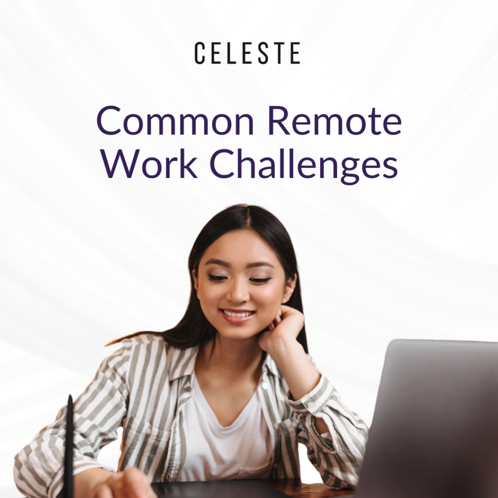 Three Celeste-branded social media graphics featuring a structured planner guide, a hiring post for a remote recruiter role, and a discussion on common remote work challenges, each with professional women at their laptops.