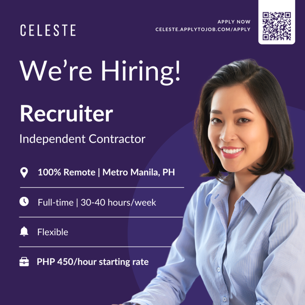 Three Celeste-branded social media graphics featuring a structured planner guide, a hiring post for a remote recruiter role, and a discussion on common remote work challenges, each with professional women at their laptops.
