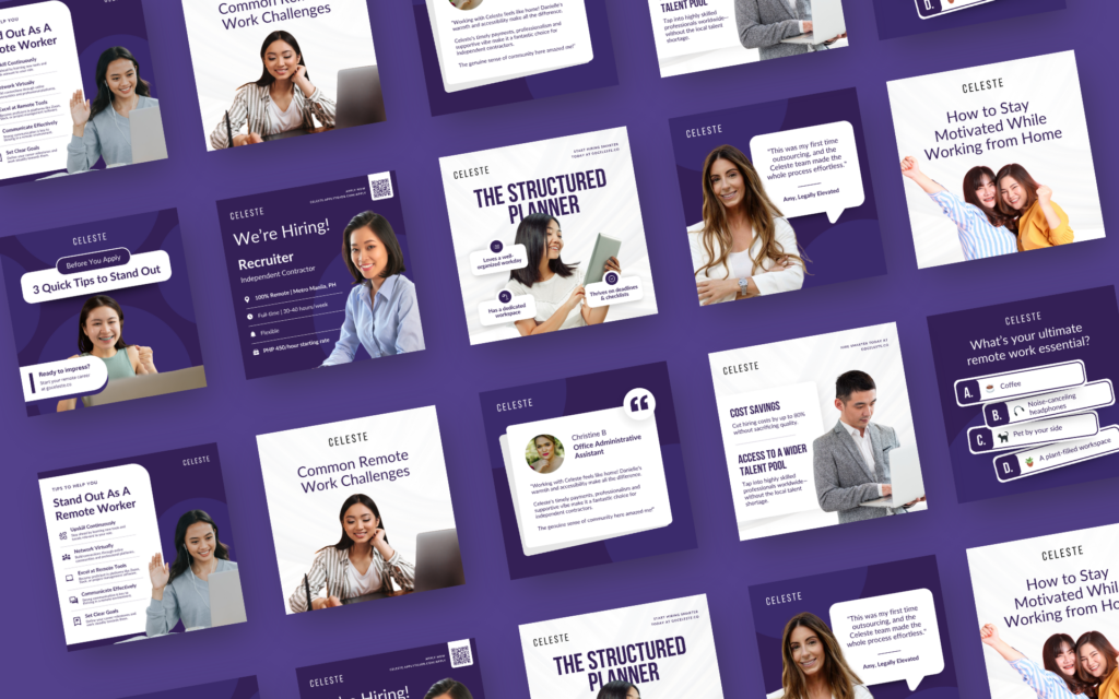 Tilted grid layout of multiple social media graphics on a purple background, featuring professional advice, hiring announcements, work-from-home tips, and employee testimonials.