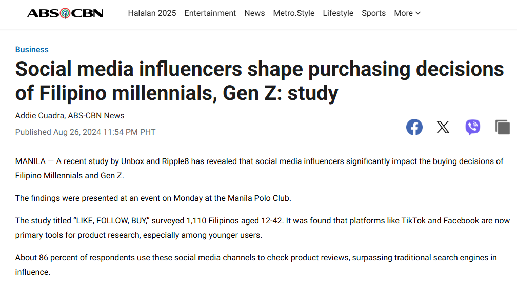 Screenshot of an ABS-CBN News article titled 'Social media influencers shape purchasing decisions of Filipino millennials, Gen Z: study,' discussing survey findings on influencer impact.