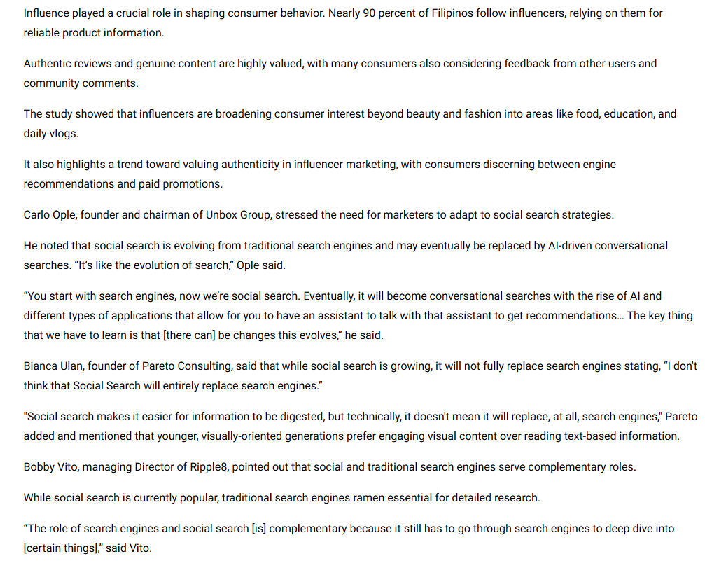 Screenshot of an ABS-CBN News article titled 'Social media influencers shape purchasing decisions of Filipino millennials, Gen Z: study,' discussing survey findings on influencer impact.
