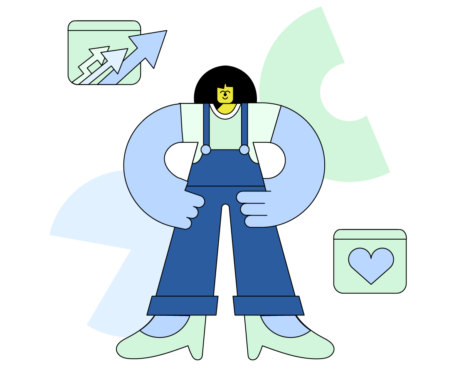 Elements website-07 Illustration of a person standing confidently next to icons representing growth and engagement, alongside text promoting B2B marketing services for startups and businesses focused on scalable, predictable sales pipelines