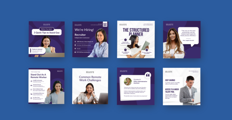 Grid of eight social media graphics featuring professionals, job tips, hiring announcements, and remote work challenges, displayed on a blue background.