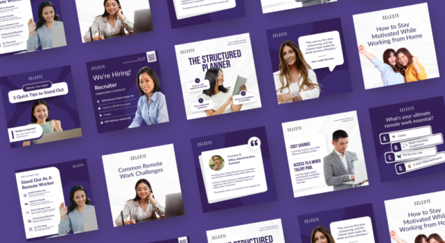 Tilted grid layout of multiple social media graphics on a purple background, featuring professional advice, hiring announcements, work-from-home tips, and employee testimonials.