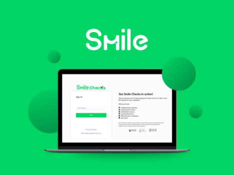 Laptop displaying the Smile Checks login screen on a bright green background with floating circular elements and the Smile logo above.
