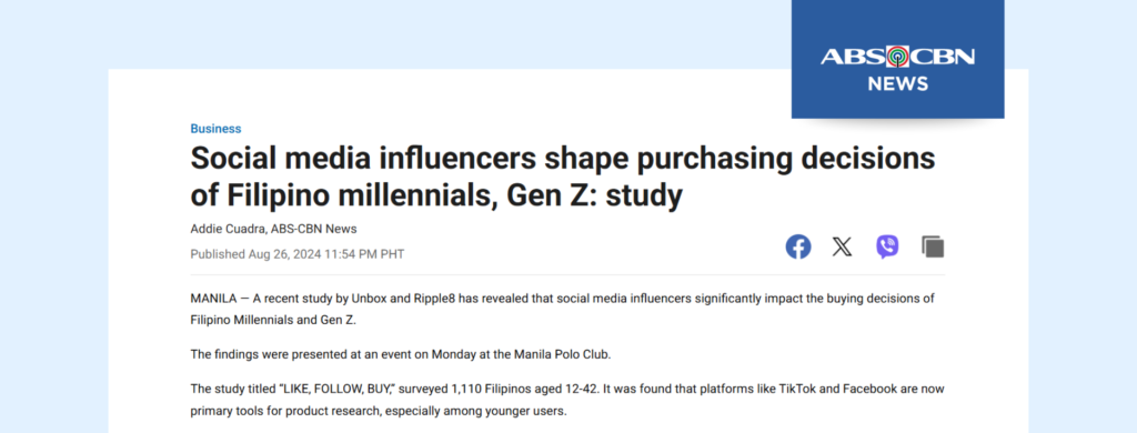 Screenshot of an ABS-CBN News article titled 'Social media influencers shape purchasing decisions of Filipino millennials, Gen Z: study,' discussing survey findings on influencer impact.